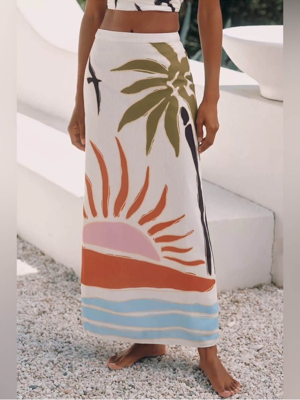 🌴☀️Anthropologie x Cala De La Cruz Cream Midi Skirt w/Sunset Palm Print, NWT, XL